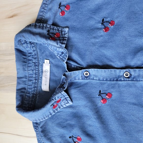 BILLY T Size Small Button Down Denim Shirt Cherry Pattern Blue Red Lyocell - Picture 7 of 11